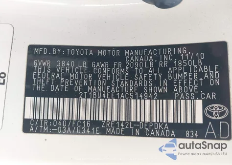 2010 Toyota Corolla S/Le/Xle z USA, uszkodzony, nr VIN 2T1BU4EE1AC514942